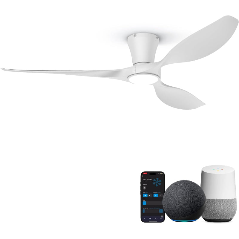 52" White Flush Mount Smart Ceiling Fan with Light