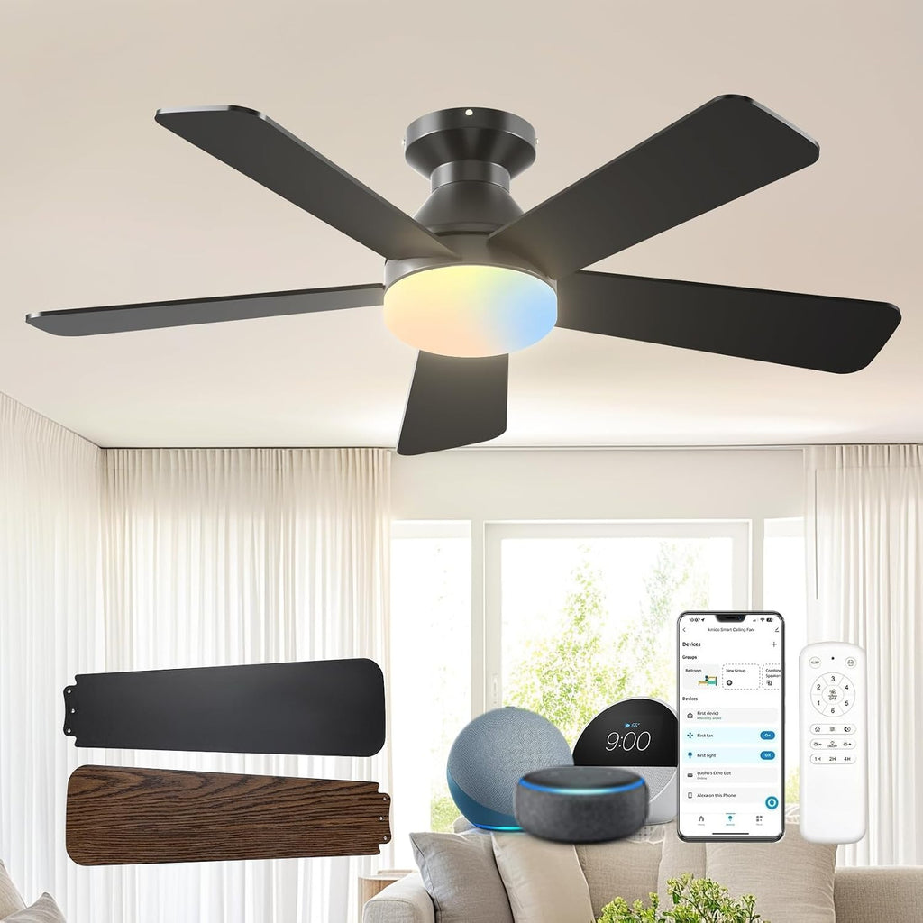 42" Black Smart Low Profile Ceiling Fan with Light