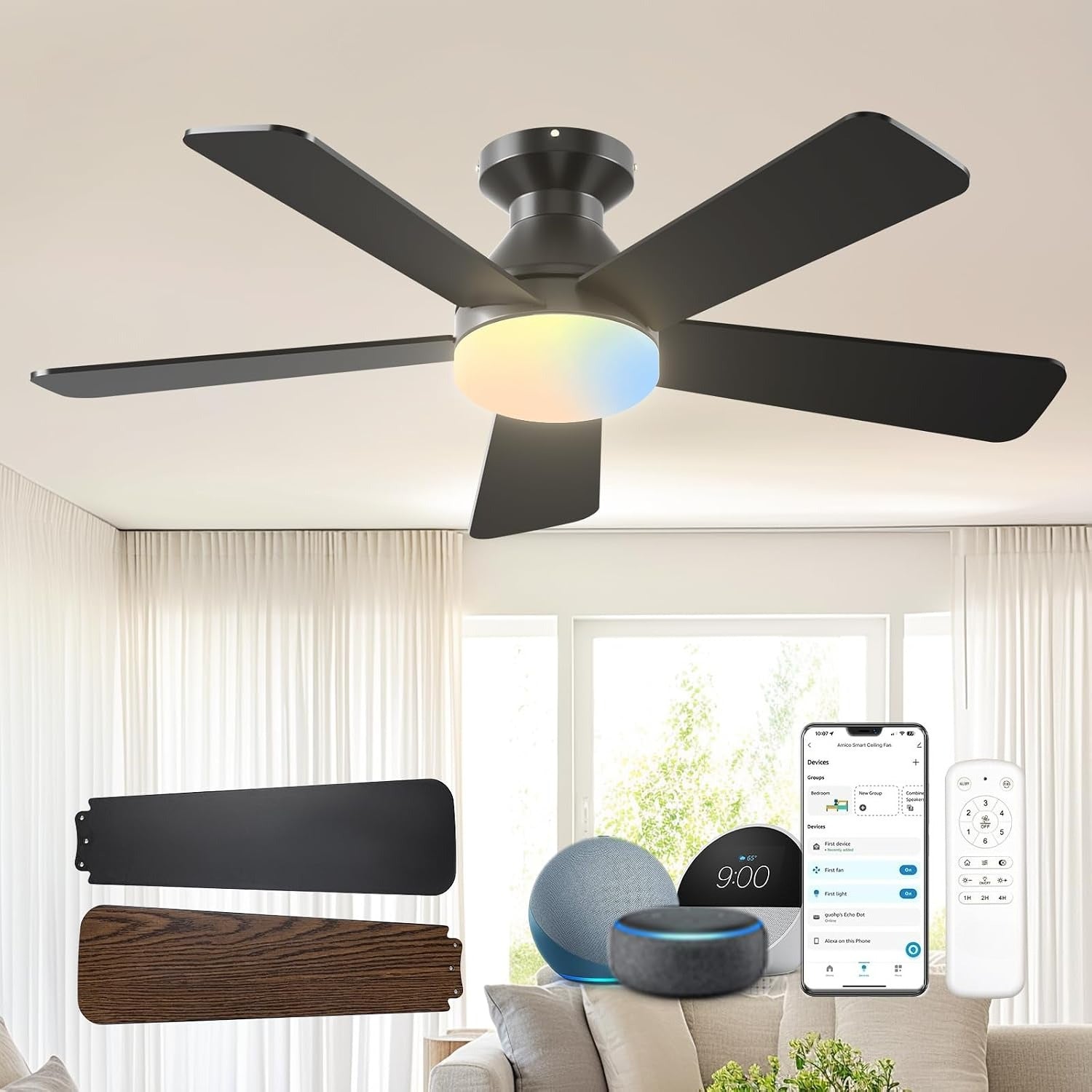 42" Black Smart Low Profile Ceiling Fan with Light
