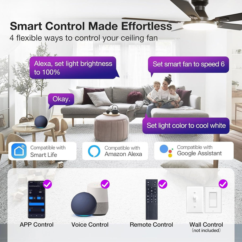 52" Black RGB Smart Ceiling Fan with Light