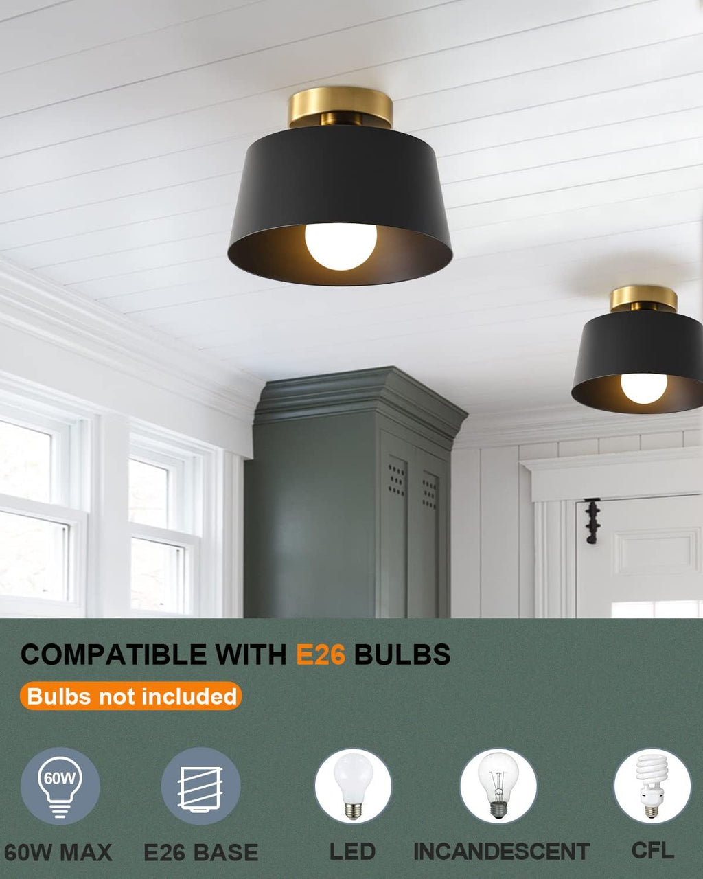 10" Black Semi Flush Ceiling Light Gold Plate