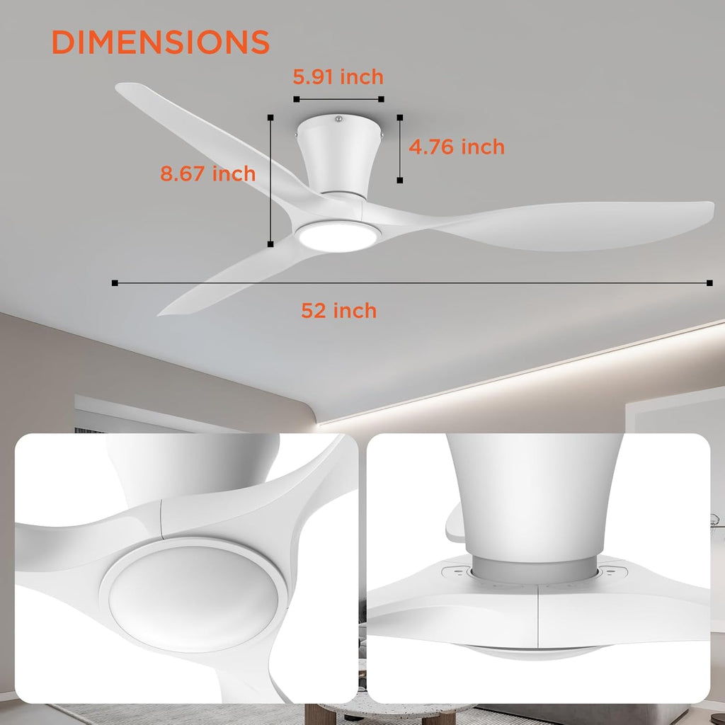 52" White Flush Mount Smart Ceiling Fan with Light