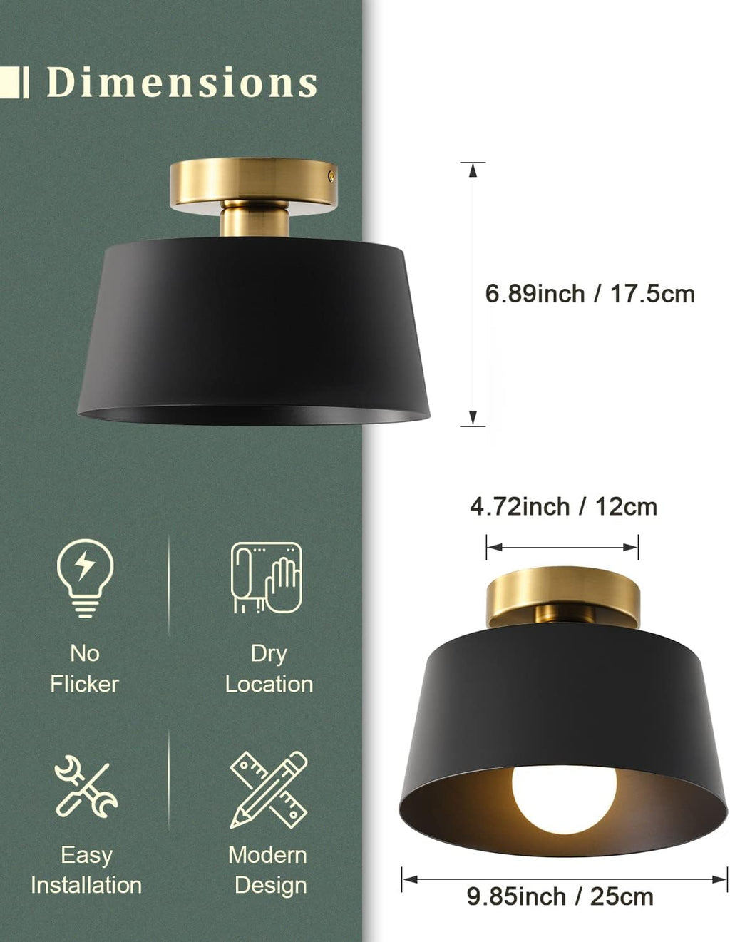 10" Black Semi Flush Ceiling Light Gold Plate