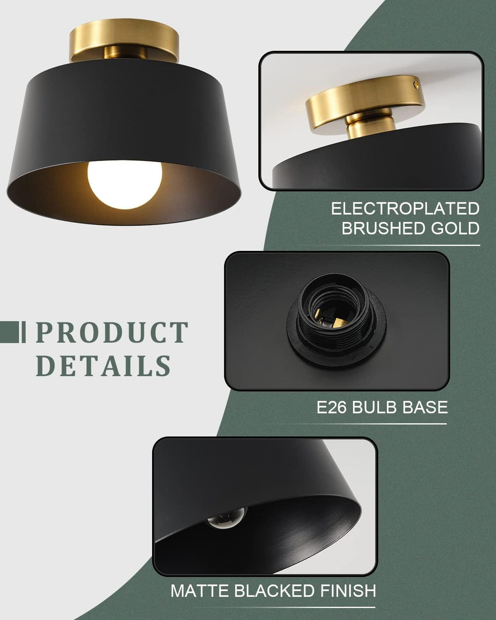10" Black Semi Flush Ceiling Light Gold Plate
