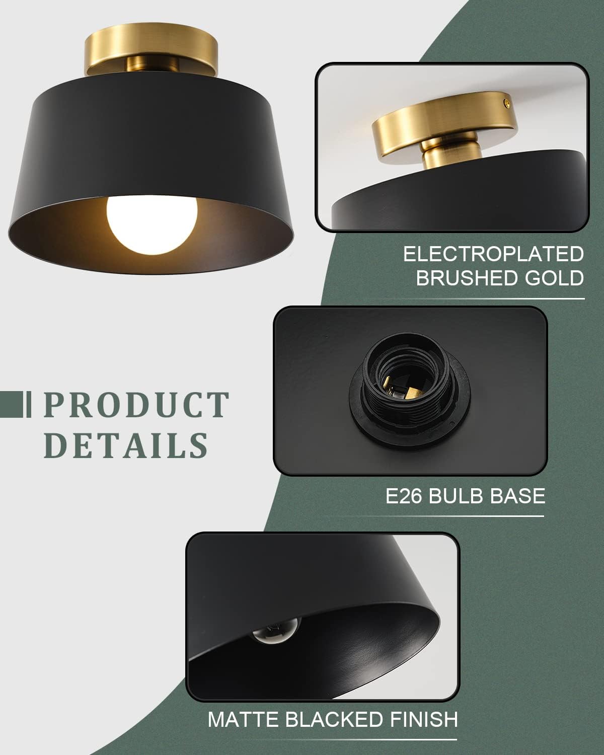 10" Black Semi Flush Ceiling Light Gold Plate