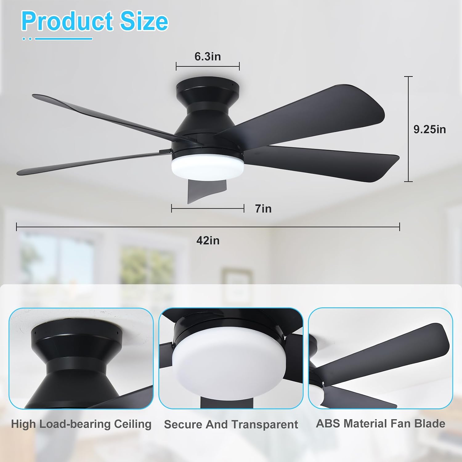 42" Black Flush Mount Ceiling Fan with Light & Remote