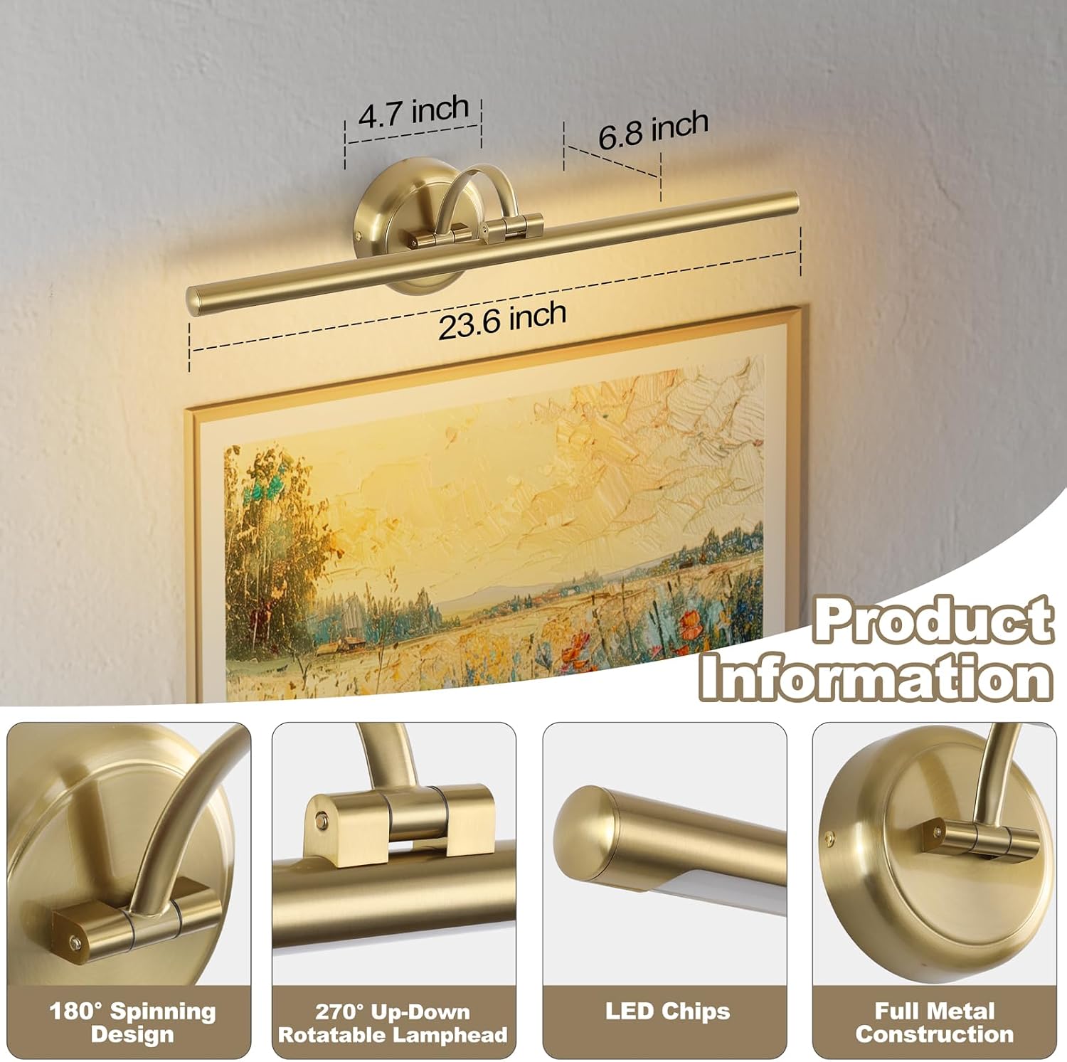 23.62" Dimmable Brass Swing Arm LED Picture Light