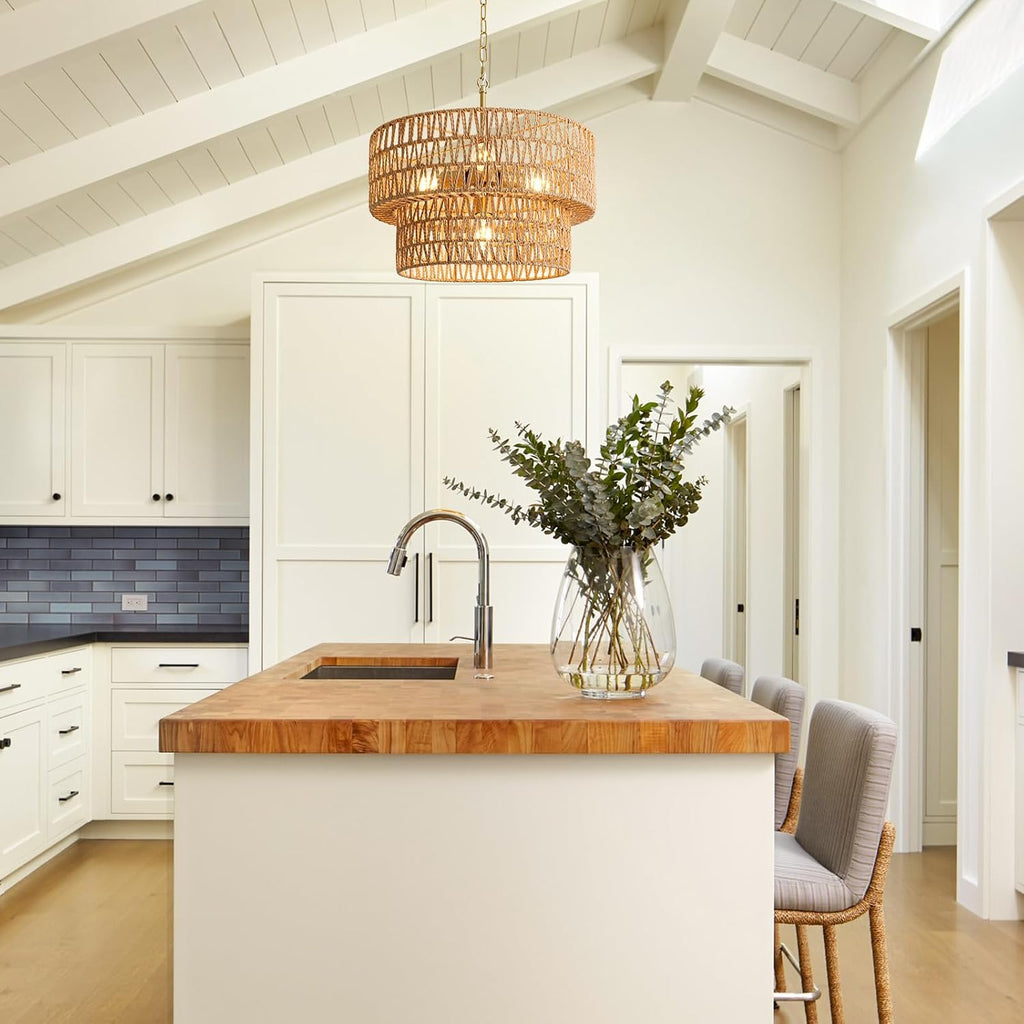 17.8" 4-Light Boho Rattan Chandelier