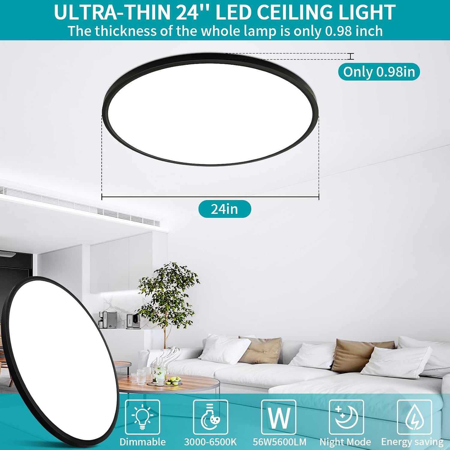 24" Dimmable Flush Mount Ceiling Light With Remote