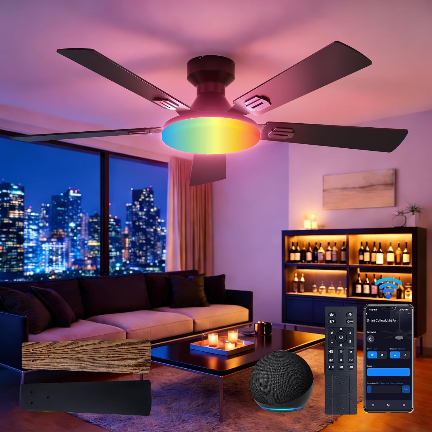 52" Black RGB Smart Ceiling Fan with Light