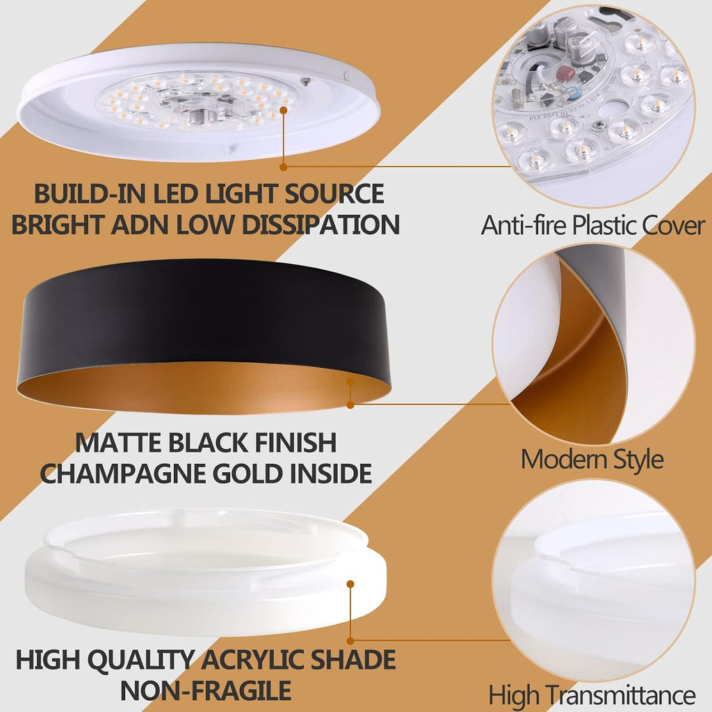 12.5" Matte Black & Gold Flush Mount Ceiling Light