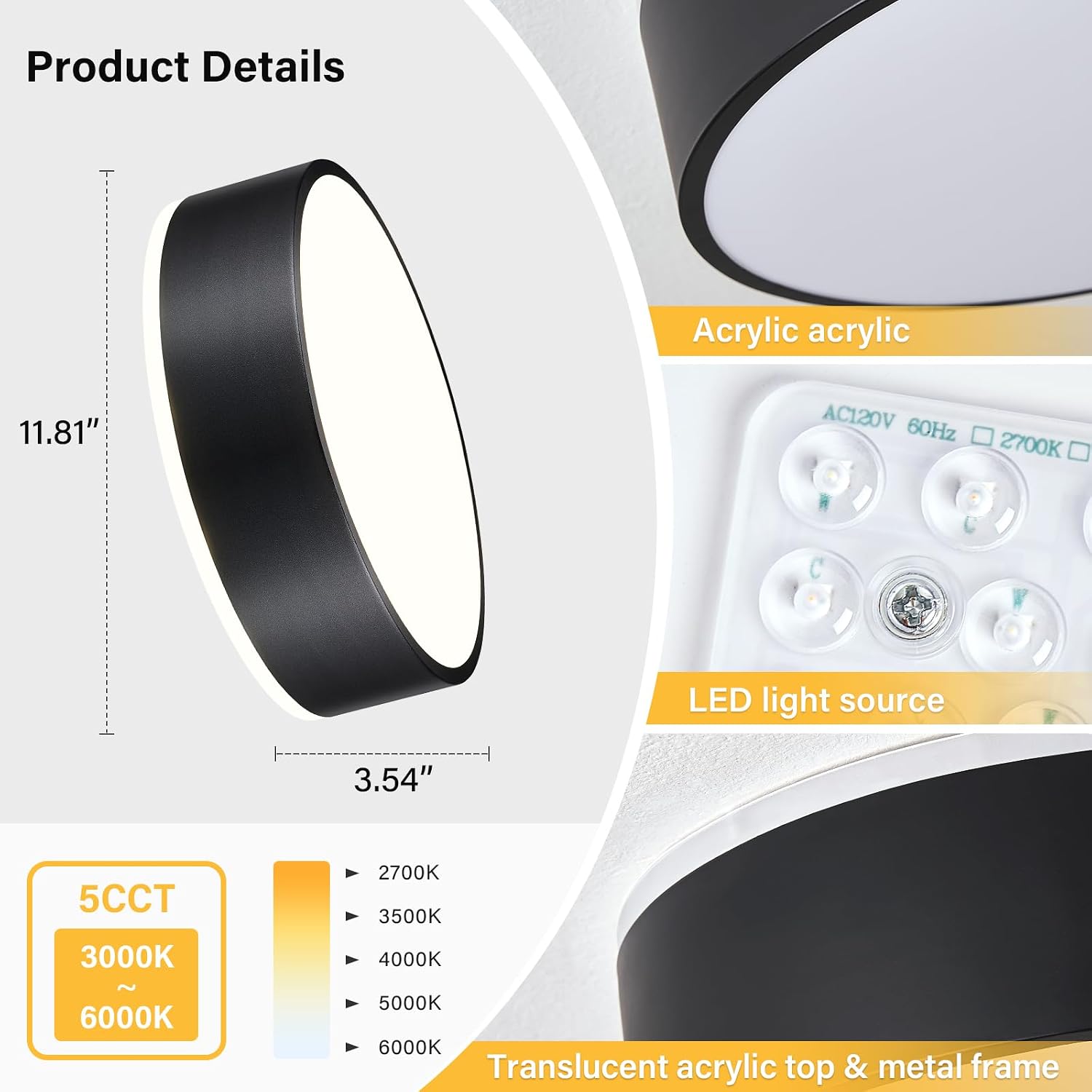 11.8" Black Round 5CCT LED Flush Mount Light