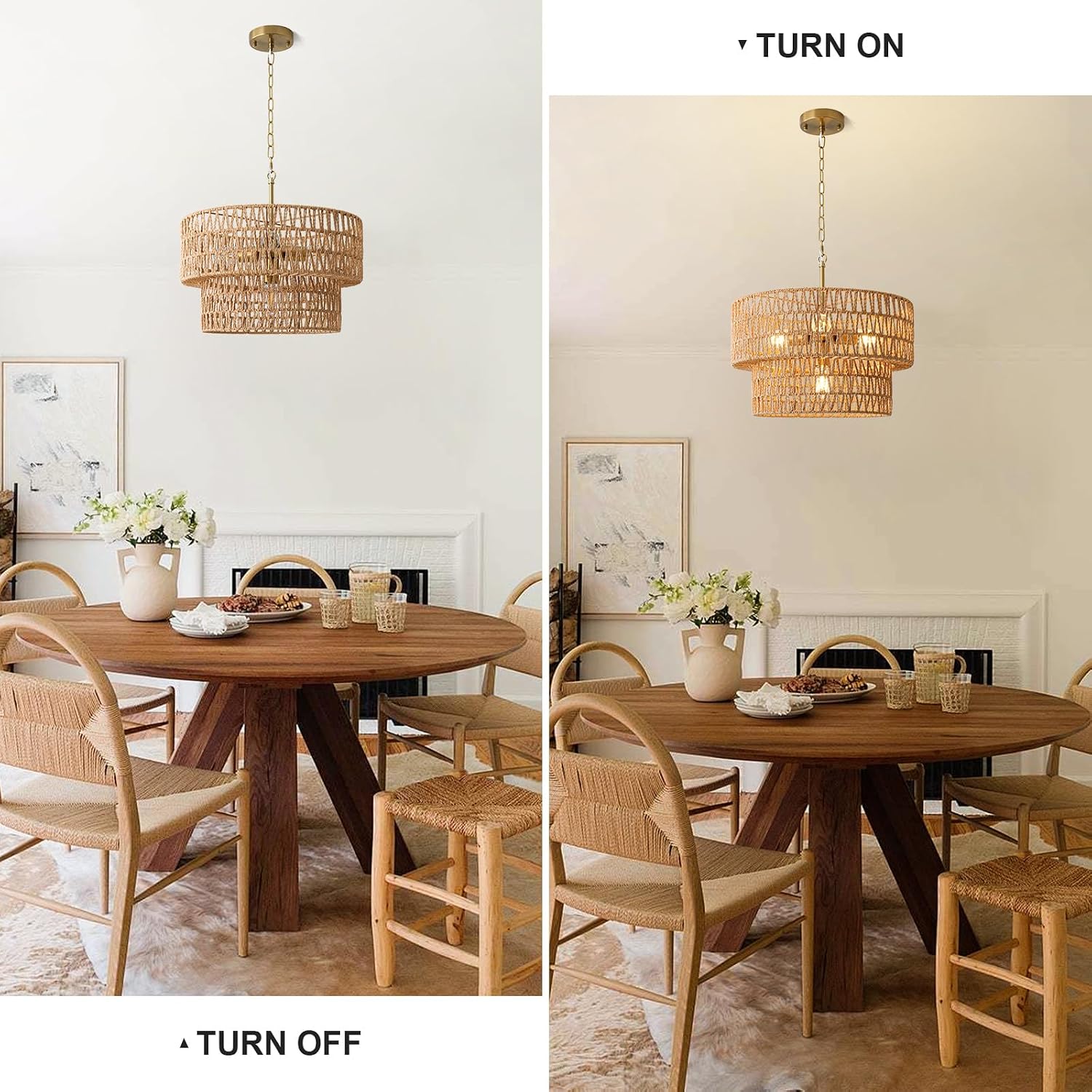 17.8" 4-Light Boho Rattan Chandelier