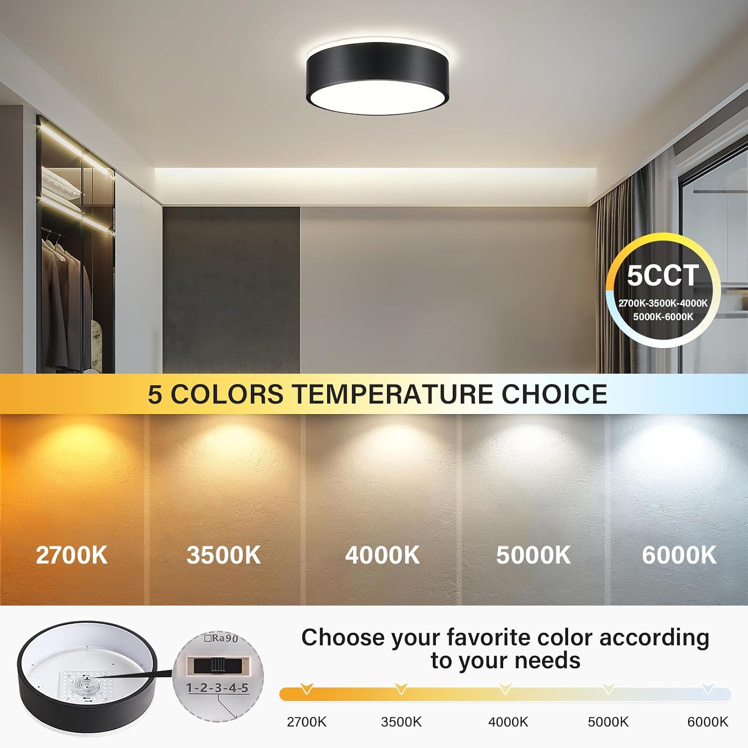 11.8" Black Round 5CCT LED Flush Mount Light