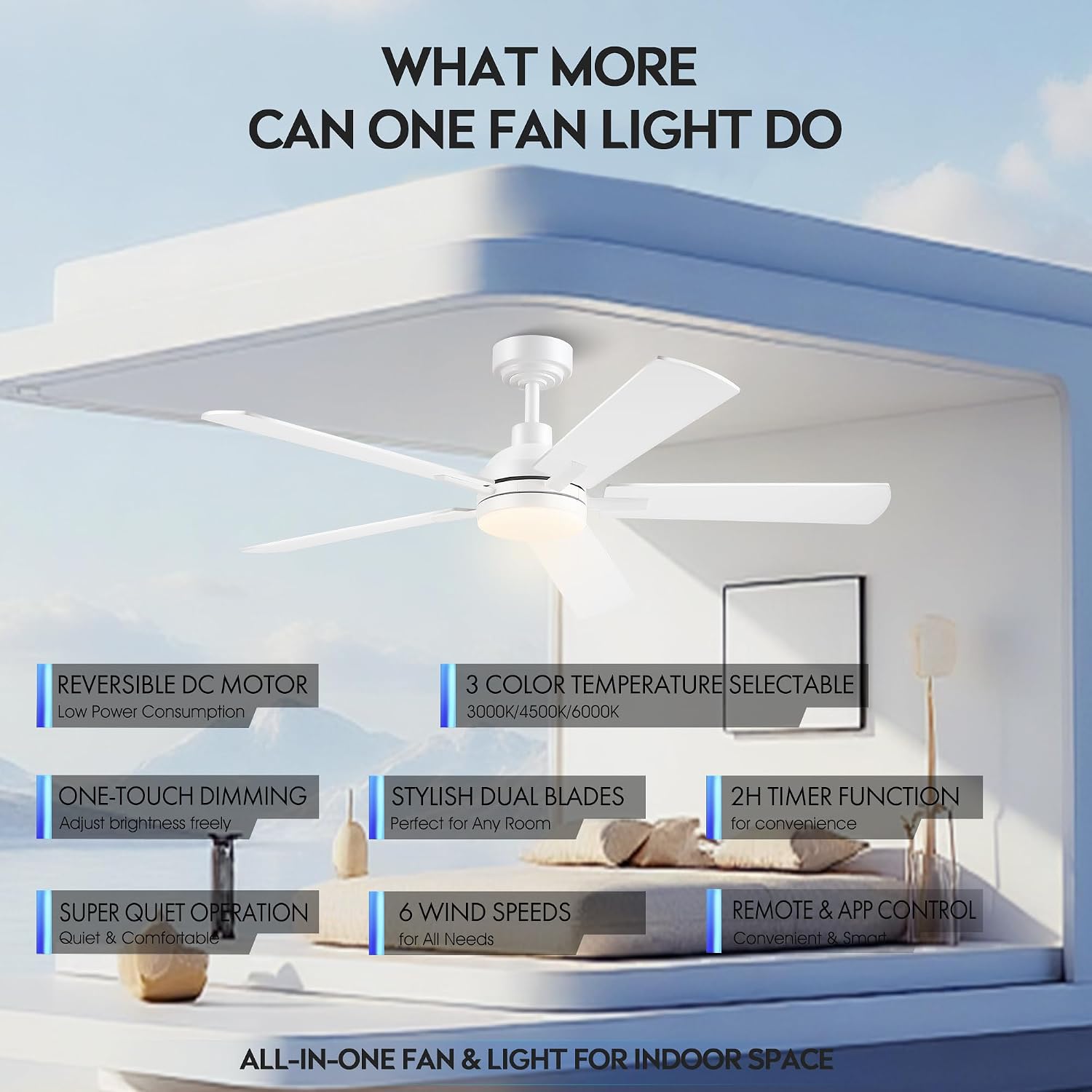 52" White Smart Low Profile Ceiling Fan with Light