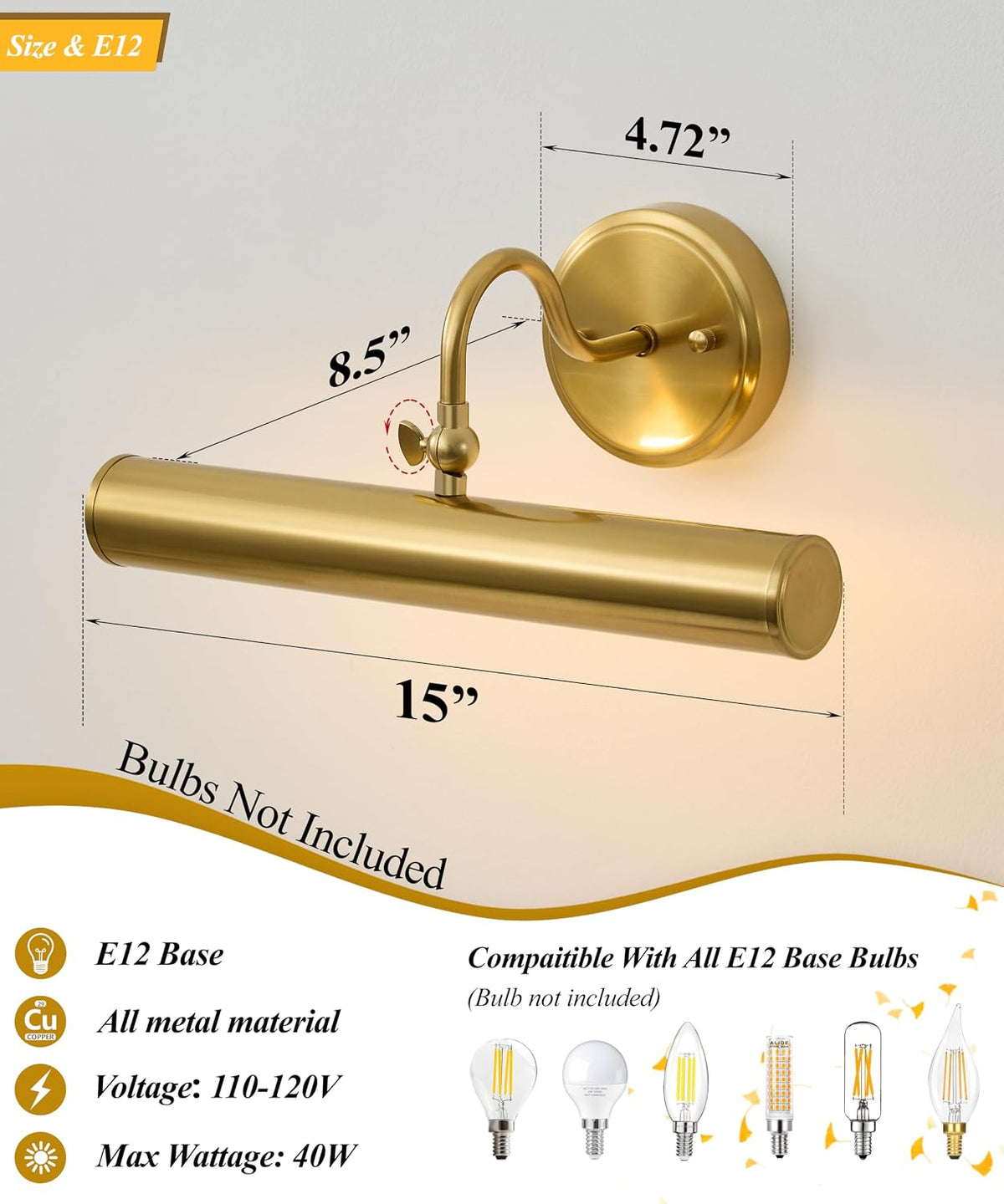 15" 2-Light Brass Rotatable Gallery Picture Light