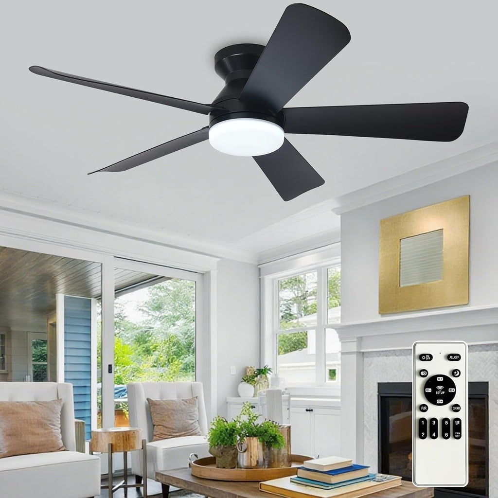 42" Black Flush Mount Ceiling Fan with Light & Remote