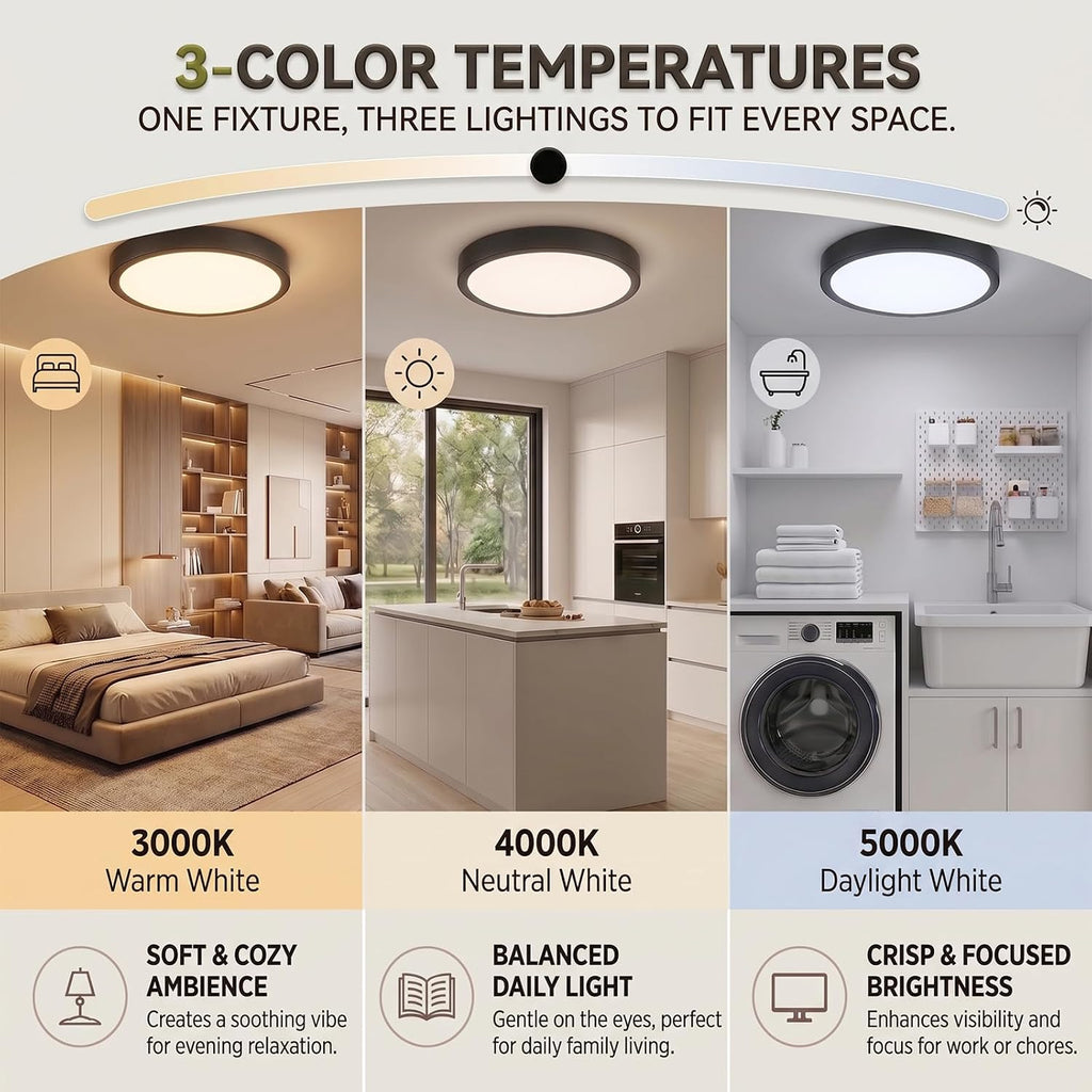 13" 3CCT Dimmable Matte Black Flush Mount Ceiling Light