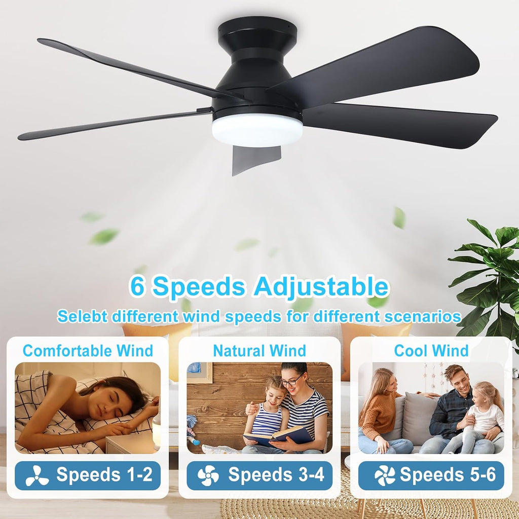 42" Black Flush Mount Ceiling Fan with Light & Remote