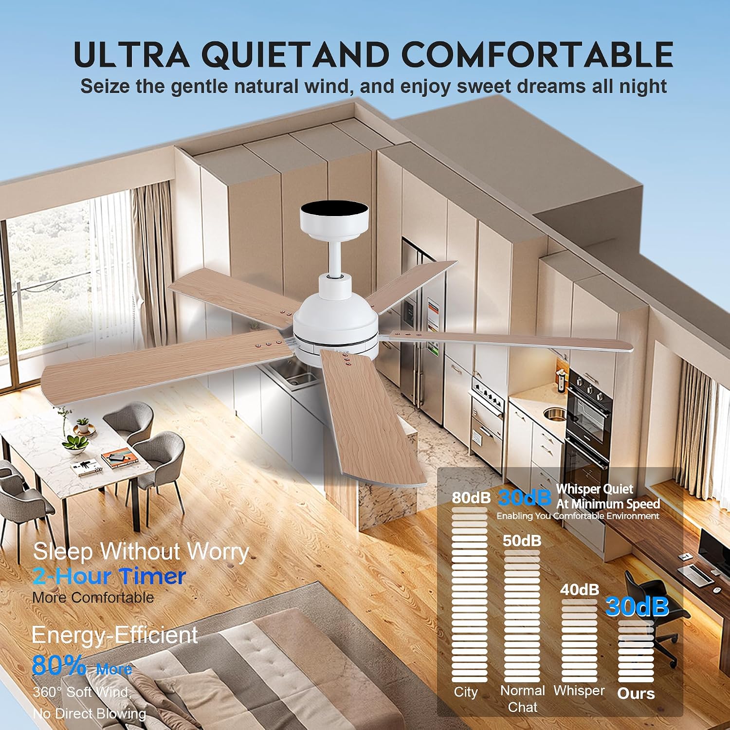52" White Smart Low Profile Ceiling Fan with Light