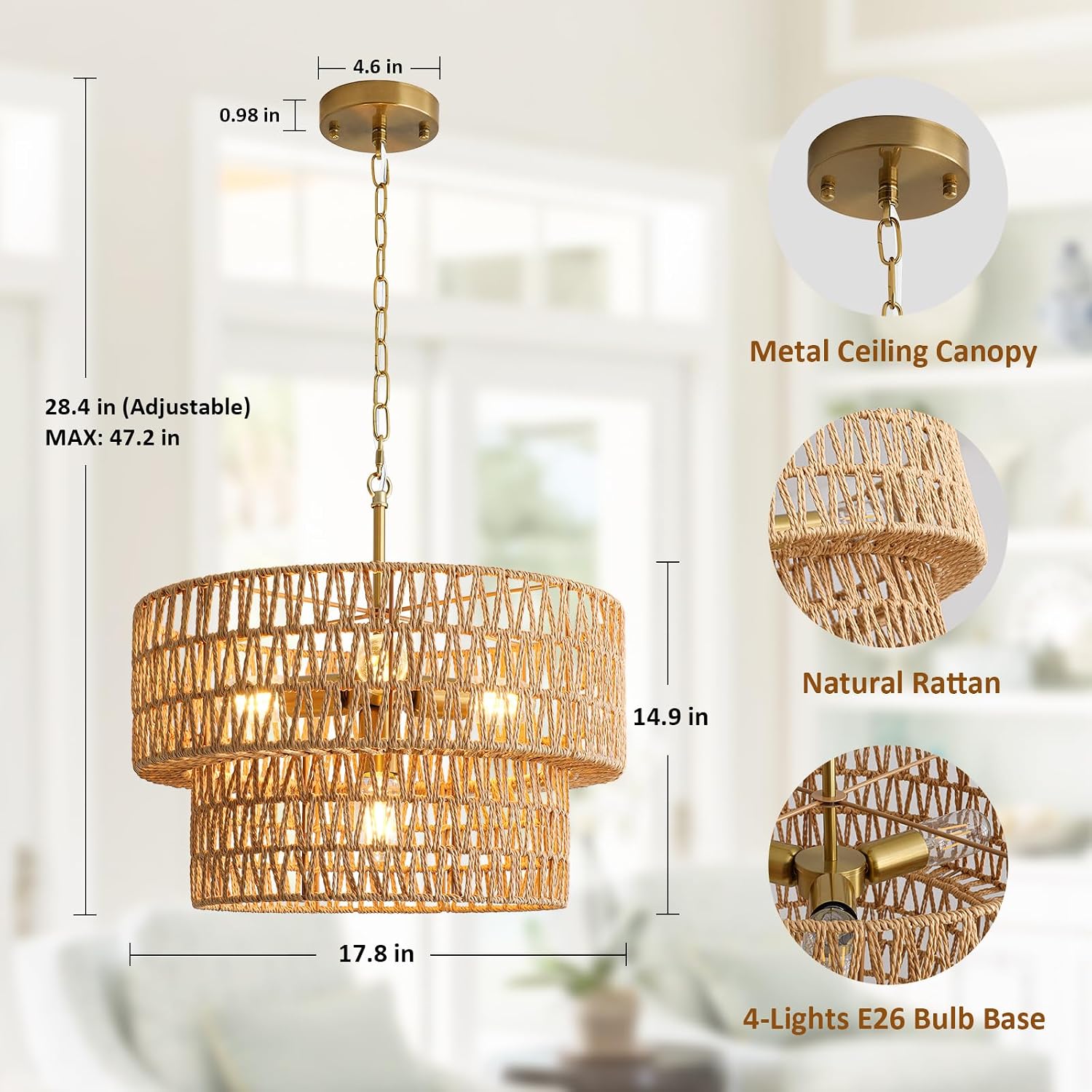 17.8" 4-Light Boho Rattan Chandelier