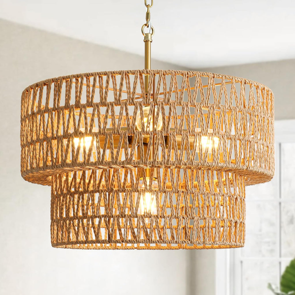 17.8" 4-Light Boho Rattan Chandelier