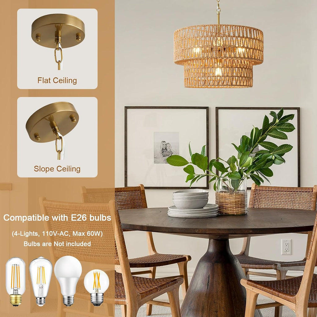 17.8" 4-Light Boho Rattan Chandelier