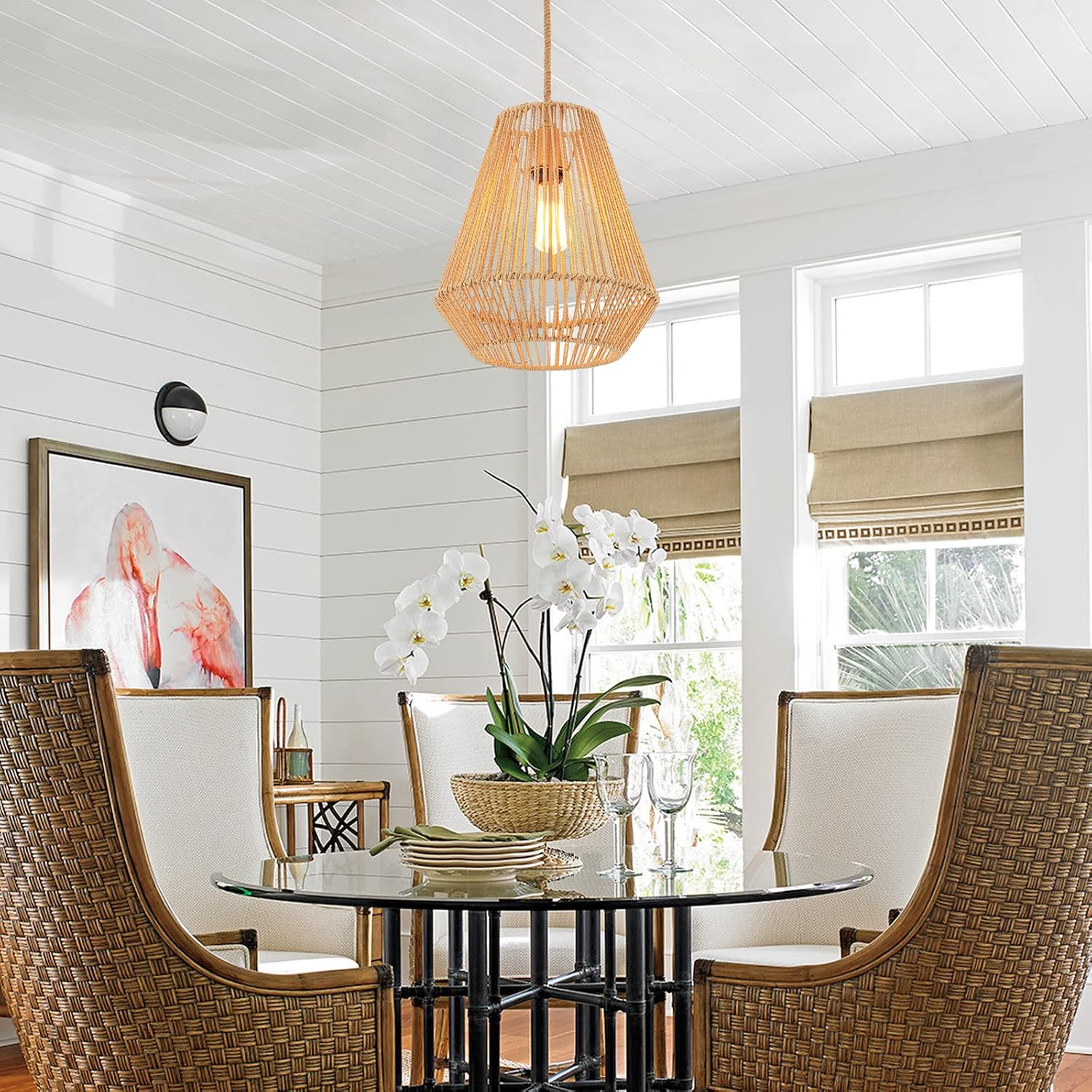 12" Rattan Basket Woven Pendant Light