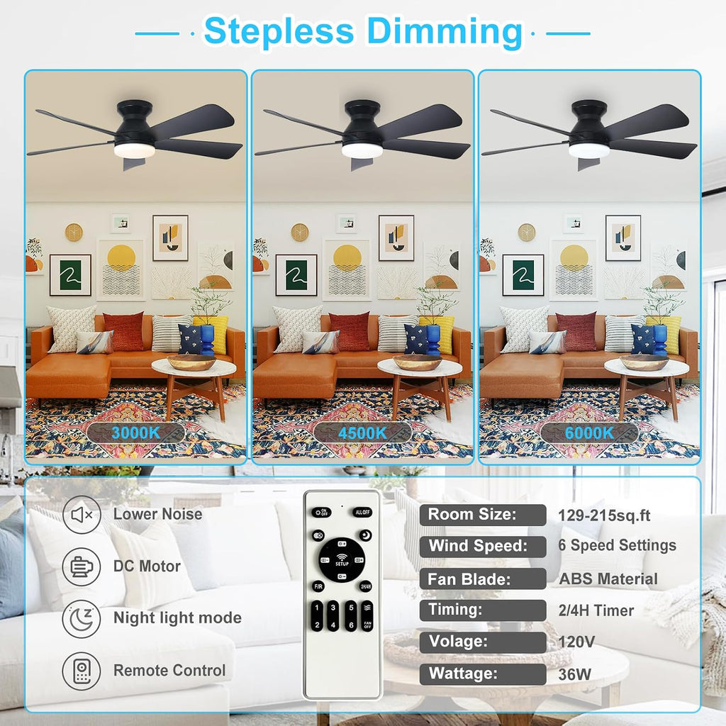 42" Black Flush Mount Ceiling Fan with Light & Remote