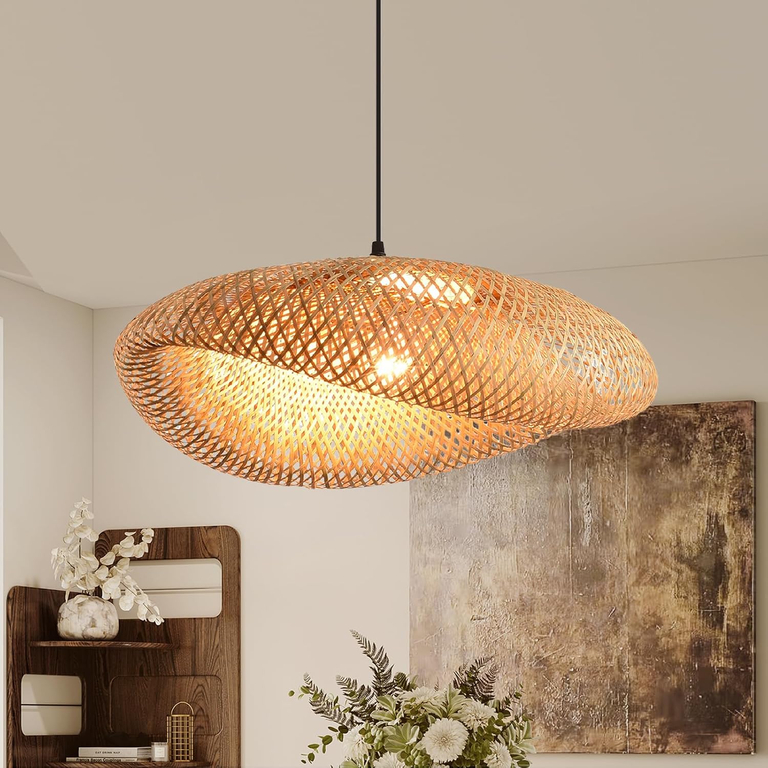 19.7" Farmhouse Bamboo Rattan Pendant Light