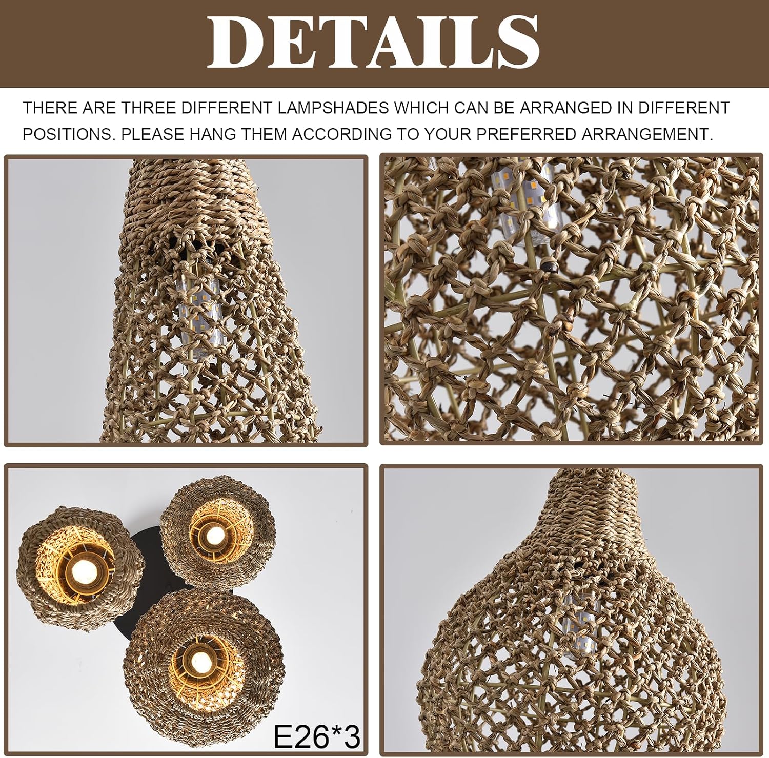 3-Light Rattan Farmhouse Chandelier