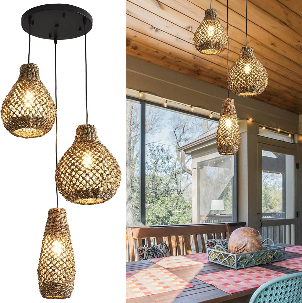 3-Light Rattan Farmhouse Chandelier