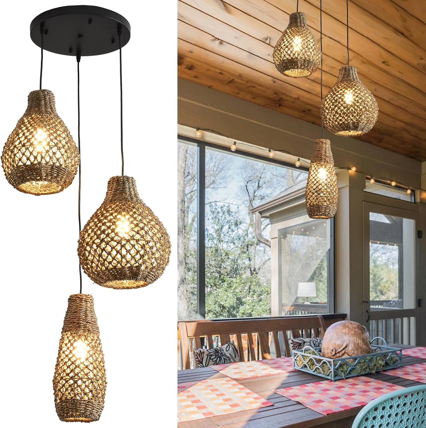 3-Light Rattan Farmhouse Chandelier