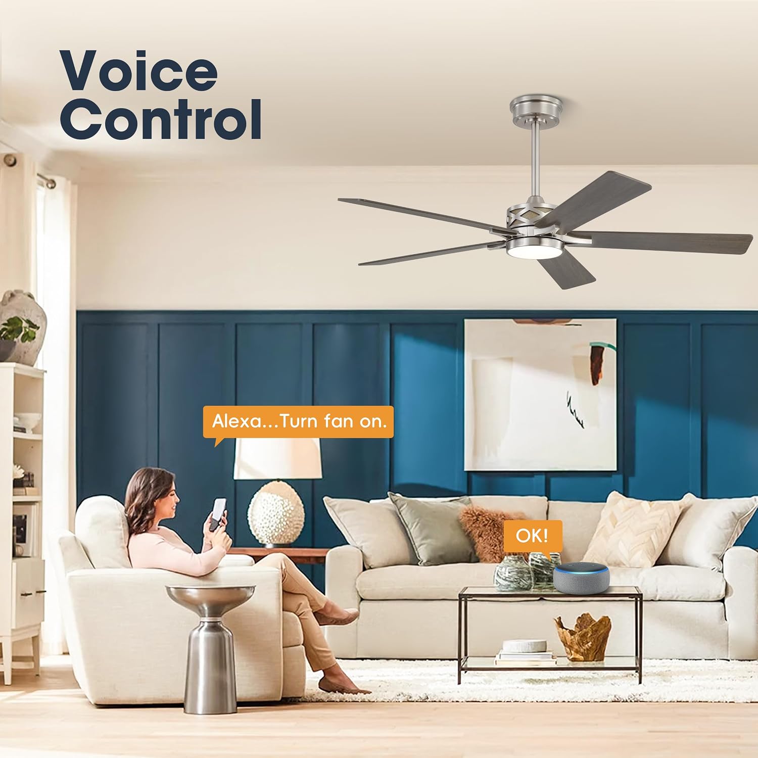 60" Nickel Grey Smart Ceiling Fan with Light