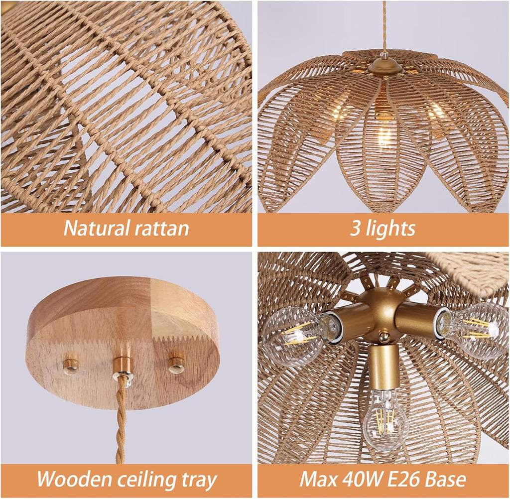 24" 3-Light Rattan Farmhouse Chandelier