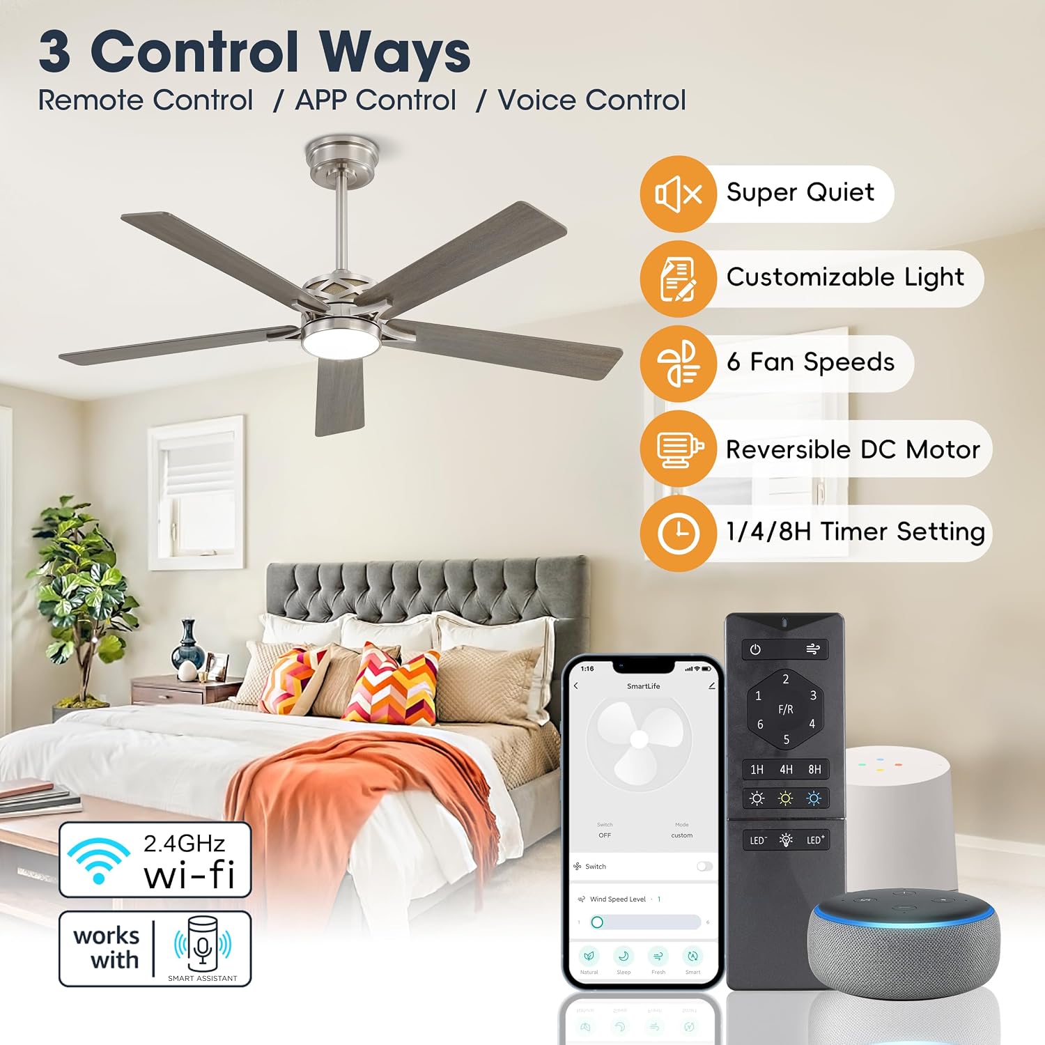 60" Nickel Grey Smart Ceiling Fan with Light