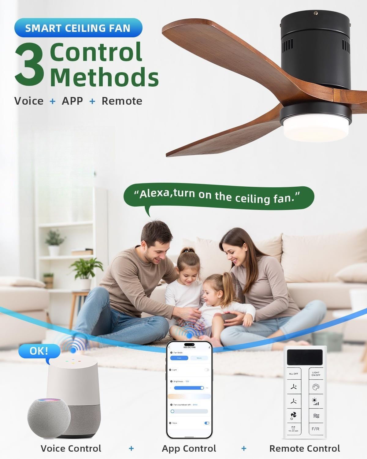 52" Low Profile Smart Ceiling Fan with Light