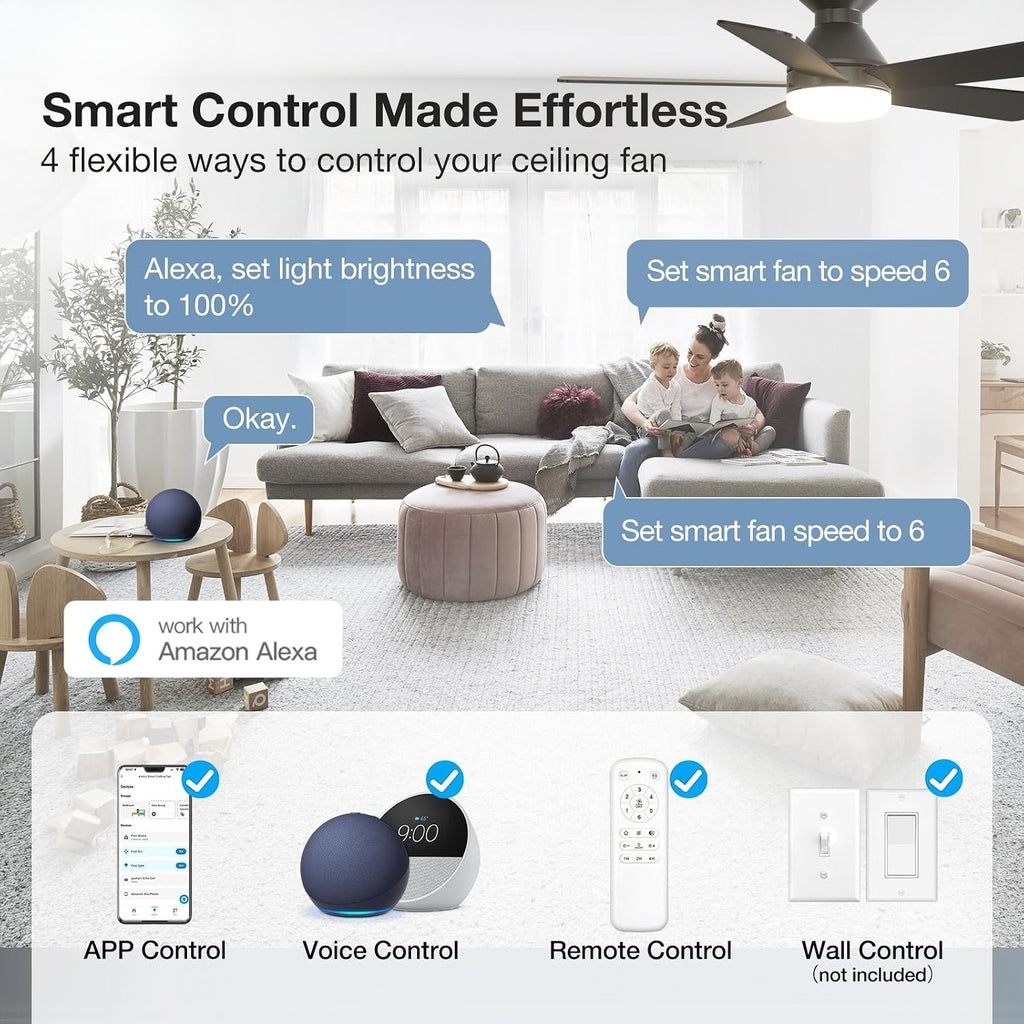 42" Black Smart Low Profile Ceiling Fan with Light