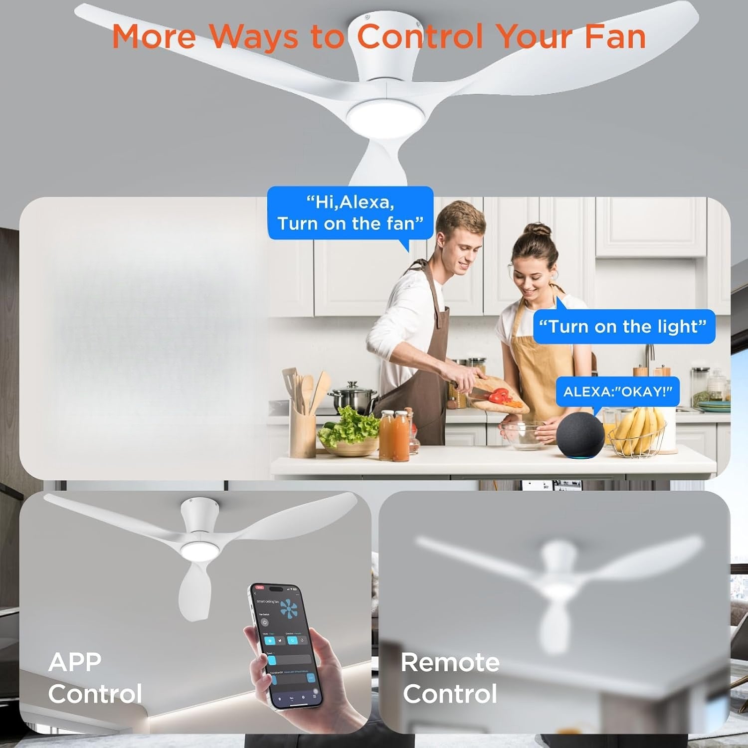 52" White Flush Mount Smart Ceiling Fan with Light