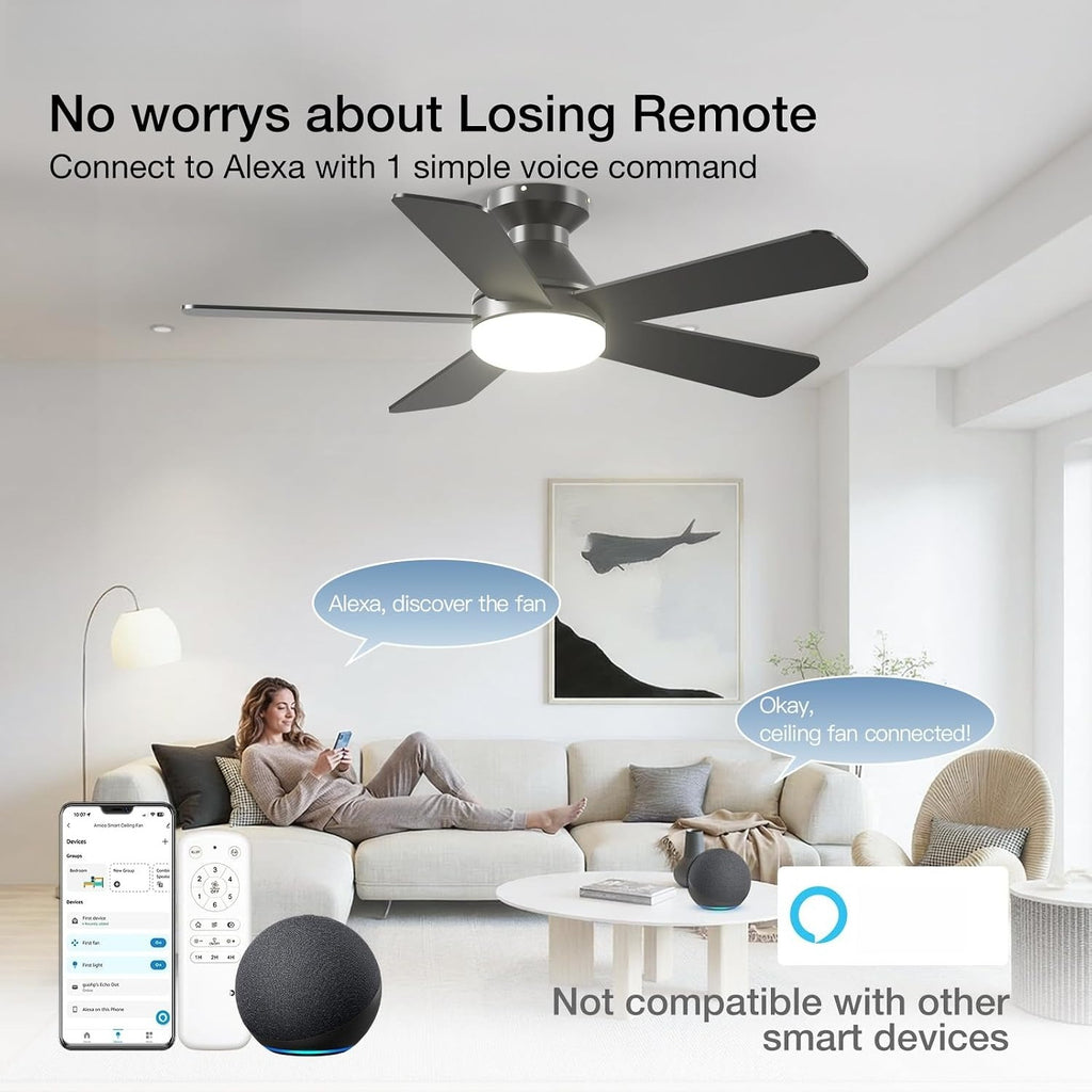 42" Black Smart Low Profile Ceiling Fan with Light