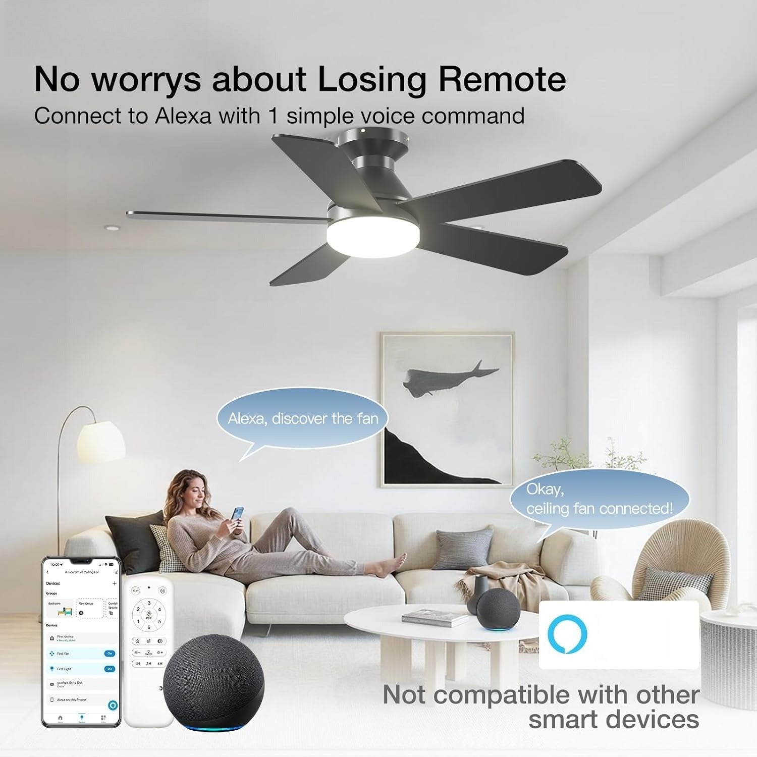 42" Black Smart Low Profile Ceiling Fan with Light