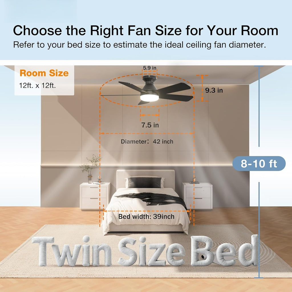 42" Black Smart Low Profile Ceiling Fan with Light